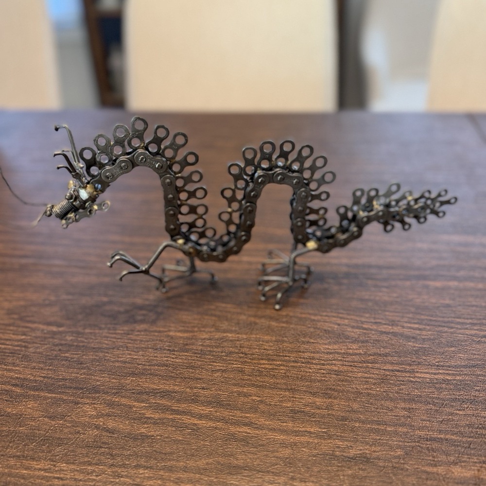 Metal Art Chain Dragon Figurine 13" Long Handcrafted Steam Punk Upcycle
